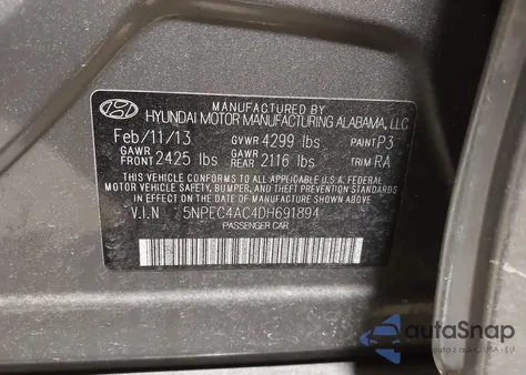 2013 Hyundai Sonata Se из США, поврежденный, VIN 5NPEC4AC4DH691894